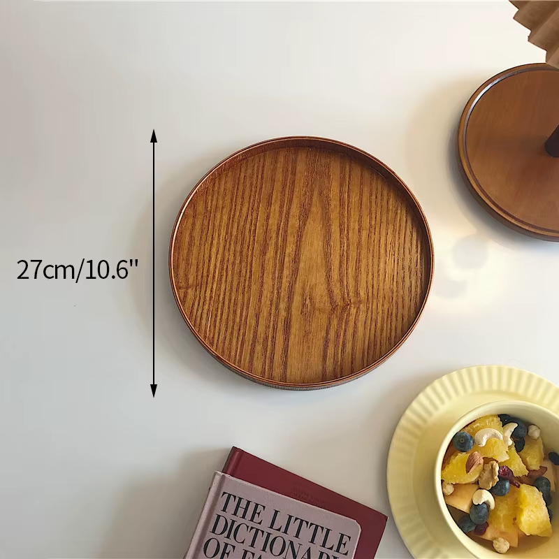 Japanese Wooden Table Tray Simple round Tray Decorative Trays Snack Plate Sundries Display Organizer Desktop Decorative Plate
