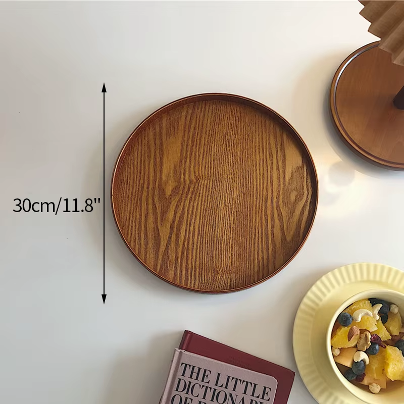 Japanese Wooden Table Tray Simple round Tray Decorative Trays Snack Plate Sundries Display Organizer Desktop Decorative Plate