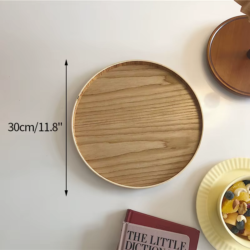 Japanese Wooden Table Tray Simple round Tray Decorative Trays Snack Plate Sundries Display Organizer Desktop Decorative Plate