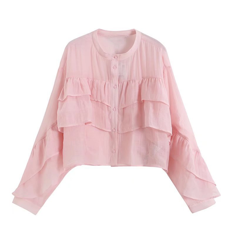 Araminta Women's Button Stand Collar Ruffle Shirt Blouse