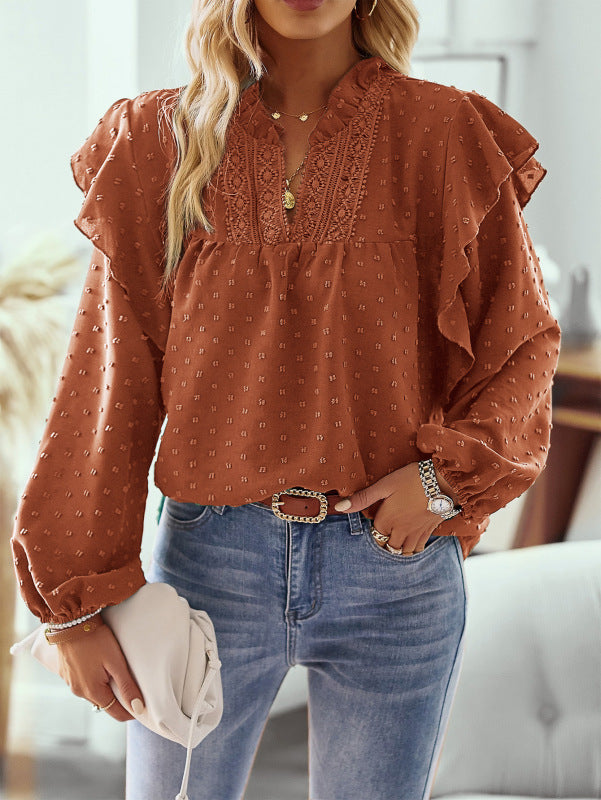 Eviana Ruffled Lantern Sleeve Lace Panel Shirt Top