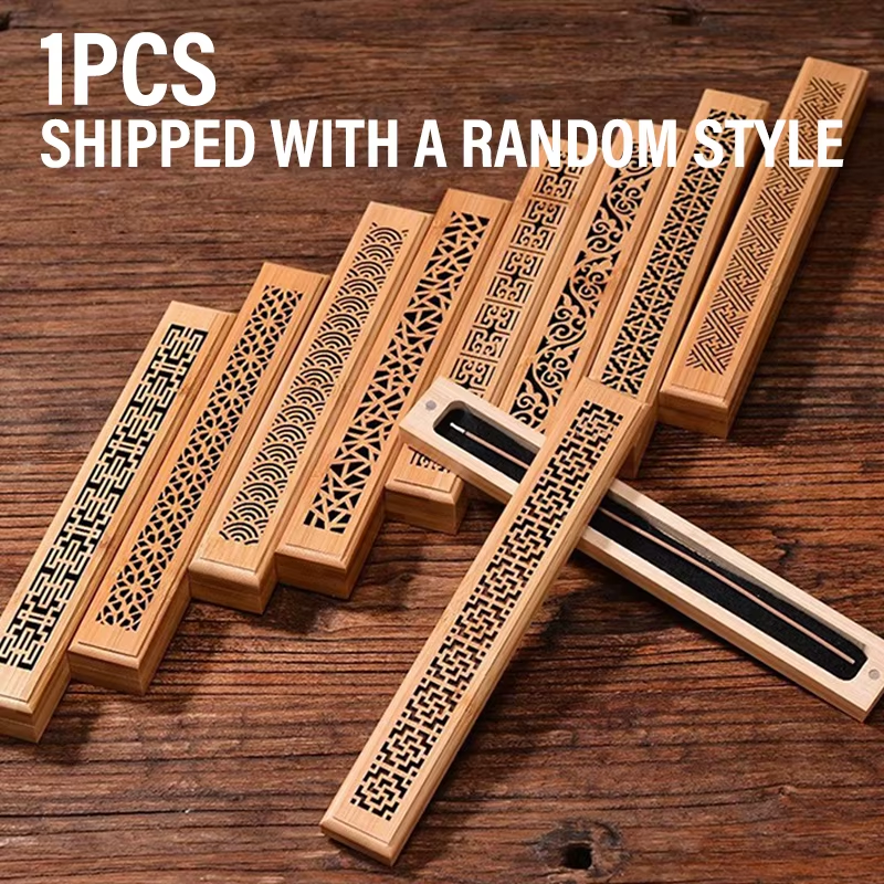 Natural Bamboo Incense Burner Hollowed Line Incense Stick Holders Aromatherapy Wooden Box with Laying Plate Burn Box Ash Catcher