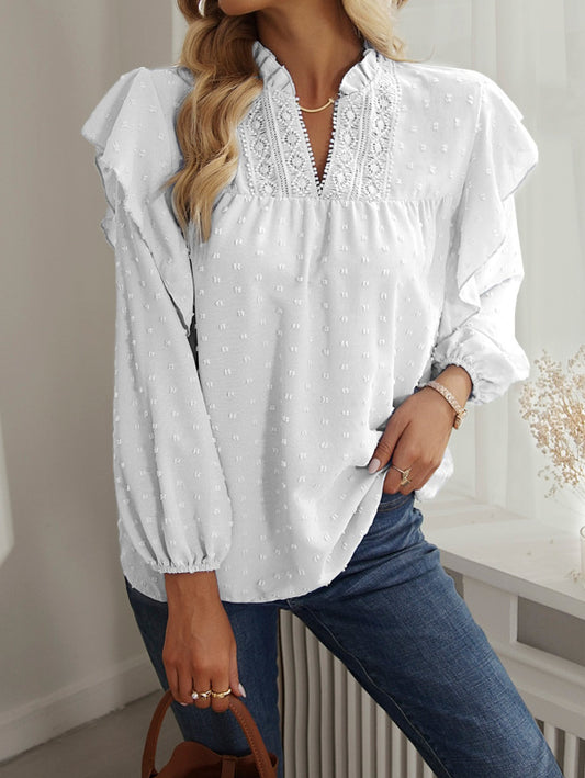 Eviana Ruffled Lantern Sleeve Lace Panel Shirt Top