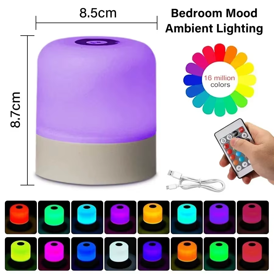 Rechargeable RGB Night Light with Remote, Dimmable Touch Control Table Lamp for Bedroom & Living Room Ambient Lighting