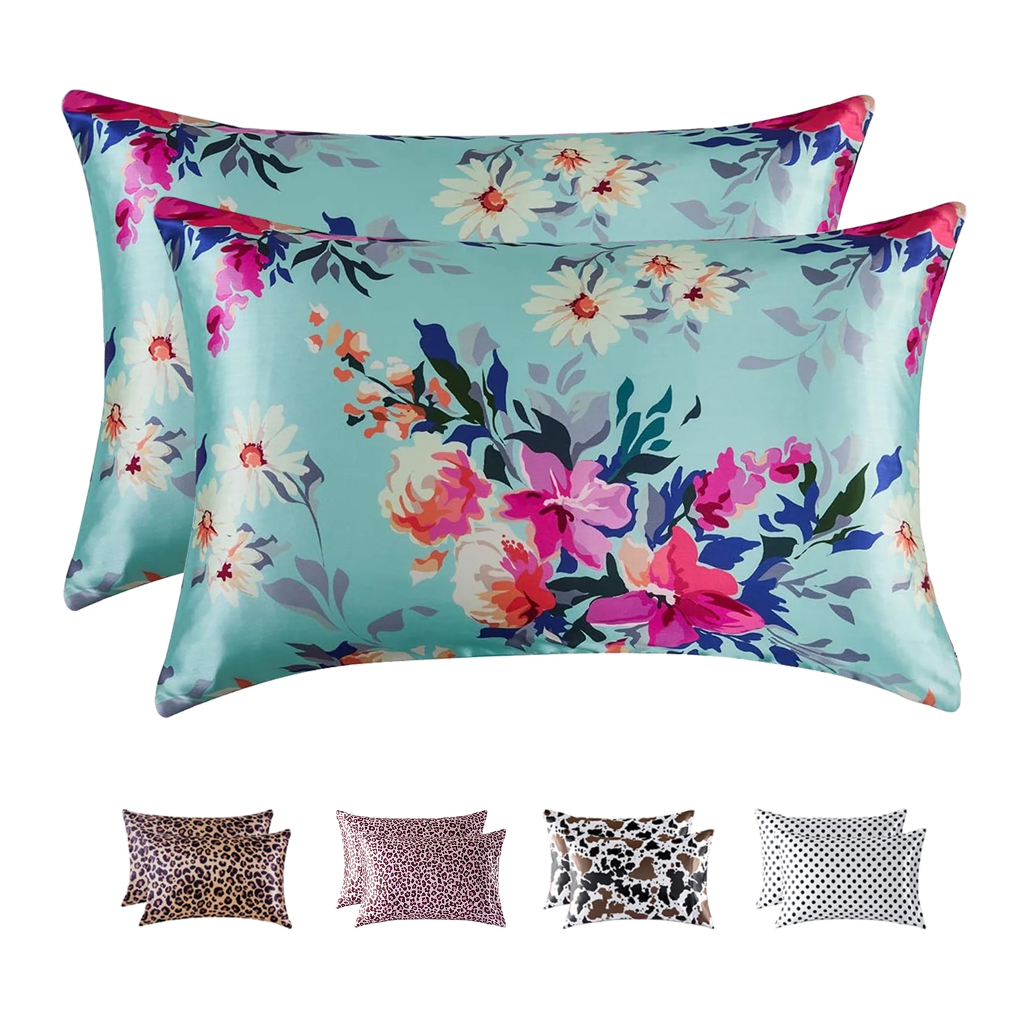 Satin Pillow Case, 2 Pack Satin Queen Silky Pillowcase for Hair and Skin, Satin Pillowcase Set of 2, 20X30, Floral Green