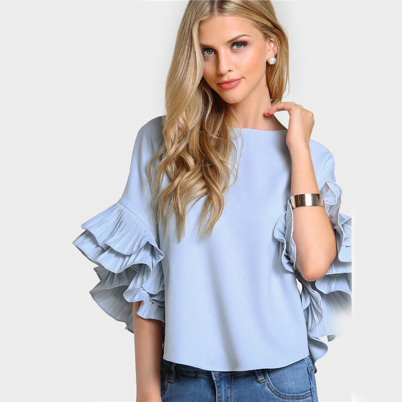 Dalilah Round Neck Lotus Leaf Double Layer Flared Sleeve Short Fashion Top