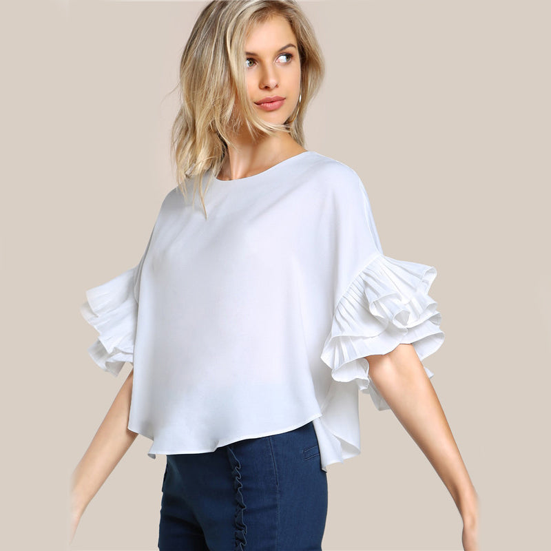 Dalilah Round Neck Lotus Leaf Double Layer Flared Sleeve Short Fashion Top