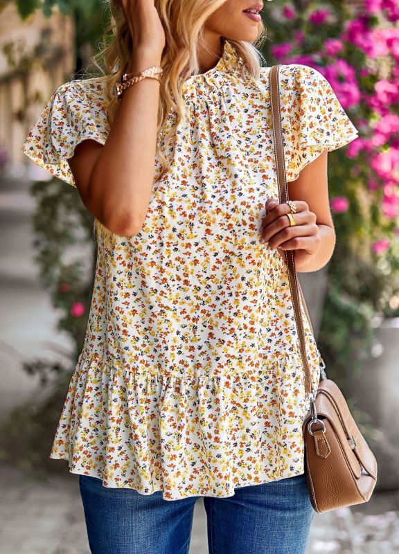 Maira Summer New Floral Print Turtleneck Blouse Loose Holiday Style