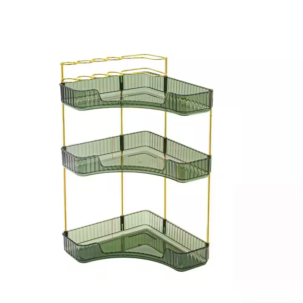 3-Tier Corner Countertop Vanity Organizer with Brush Holder in Green for Bathroom Dresser and Vanity Cosmetic Storage