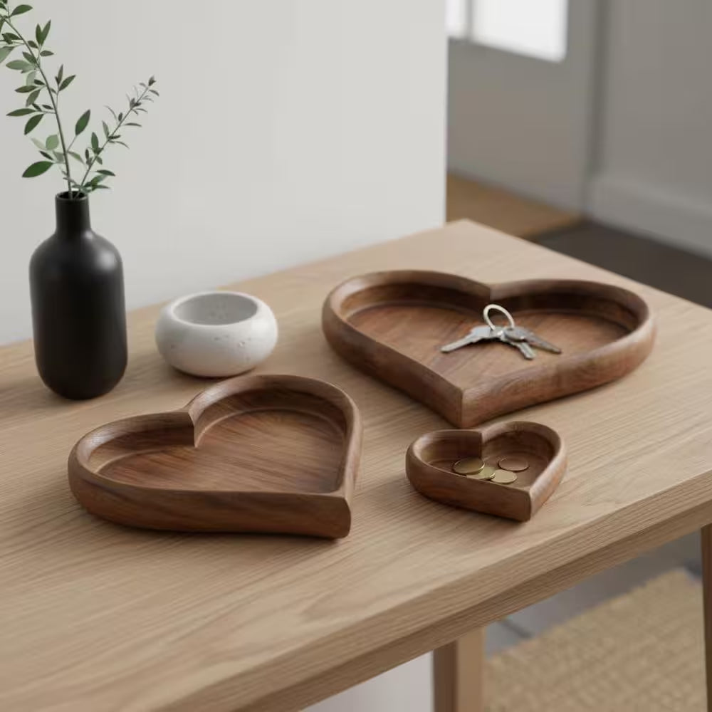 Dark Brown 7/11/14 In. Wood Heart-Shaped Decorative Trays (Set of 3)