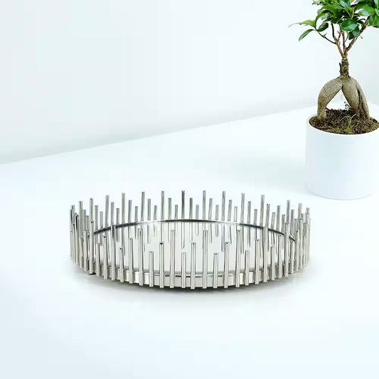 Sunburst 10 In. Silver round Metal Mirror Decorative Tray