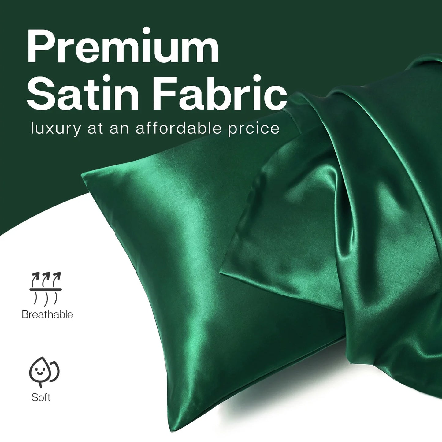 Satin Pillow Case, 2 Pack Satin Standard Silky Pillowcase for Hair and Skin, Satin Pillowcase Set of 2, 20X26, Dark Green