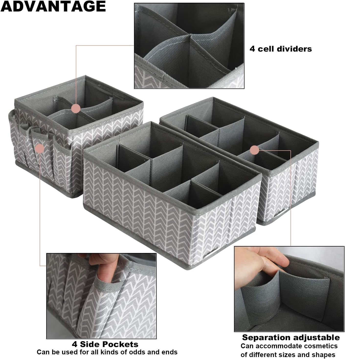 Cosmetic Storage Bins Makeup Organizer, Adjustable Multifunction Storage Box Desk Drawer Divider for Makeup Brushes, Bathroom Countertop or Dresser, Set of 3 (Grey)