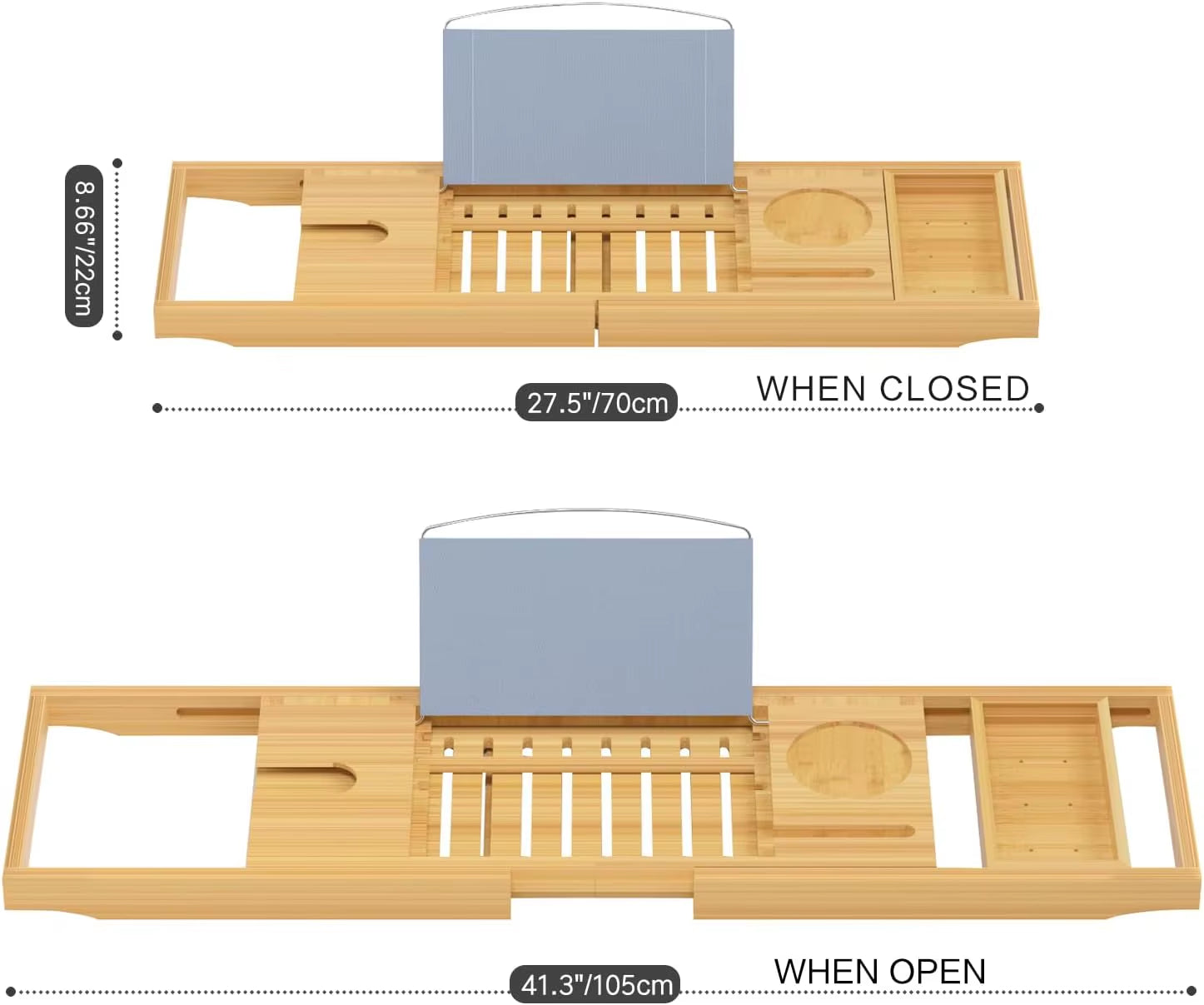 Expandable Bamboo Bathtub Tray with Book, Tablet, Wine Holder - Luxury Wooden Caddy Gift Idea
