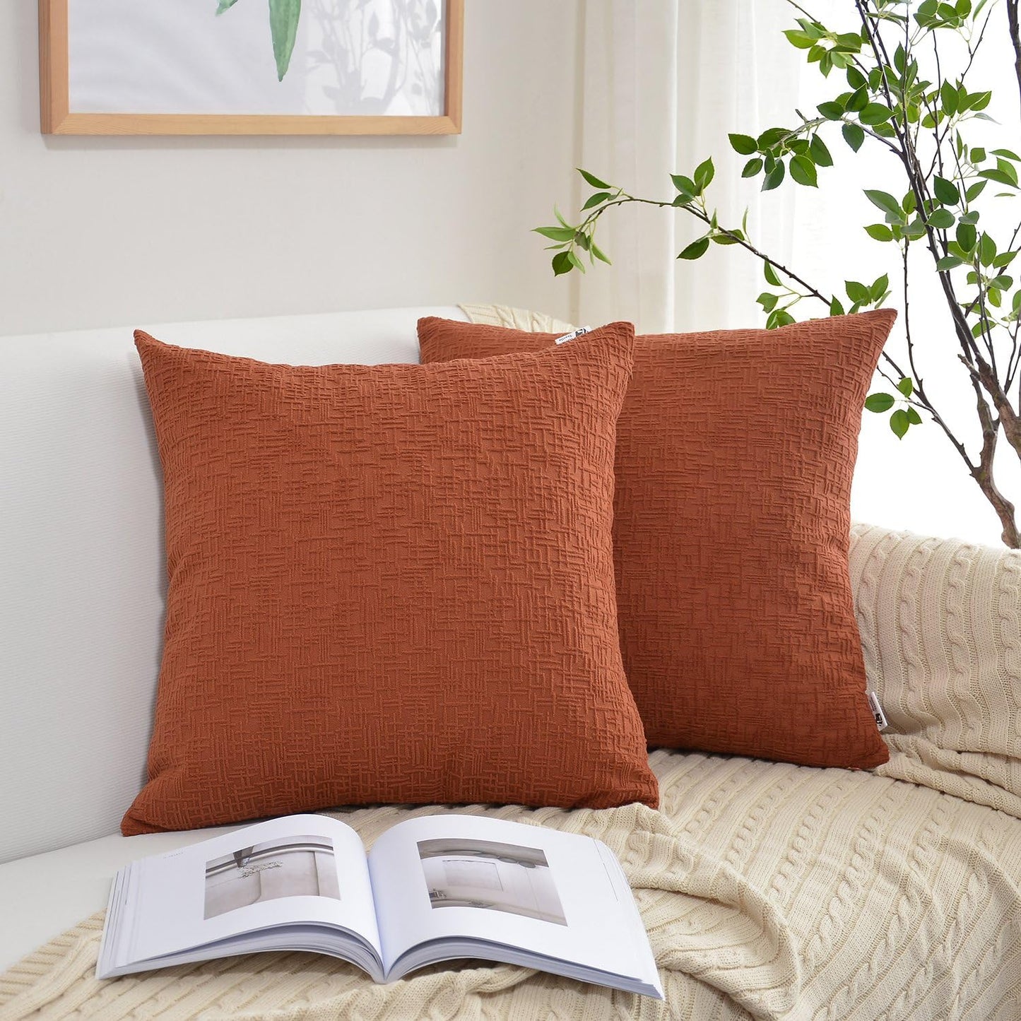 Kevin Textile Fall Decor Solid Decorative Toss Euro Pillow Cover Case Striped Corduroy Cushion Cover for Sofa, Burnt Brick, 18X18-Inch (45Cm), 2 Pieces