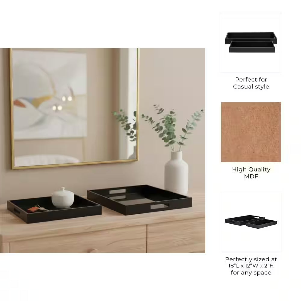 Black Rectangular Wood/Glass 14/18 In. Decorative Tray Set (Set of 2)