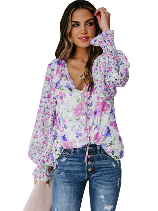 Shaniah Women's Loose Floral Pattern Fashion Lantern Sleeve Top