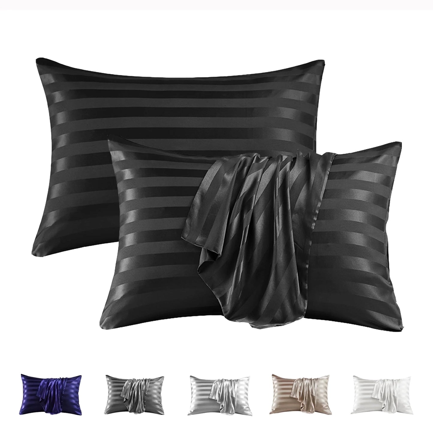 Satin Pillow Case, 2 Pack Satin Standard Silky Pillowcase for Hair and Skin, Satin Pillowcase Set of 2, 20X26, Black Striped