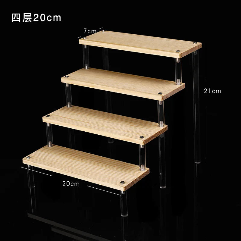 Solid Wooden Ladder Display Rack with Acrylic Pillars, Blind Box, Toy, Perfume, Jewelry Display Stand, Storage Shelf, 1-5 Tiers