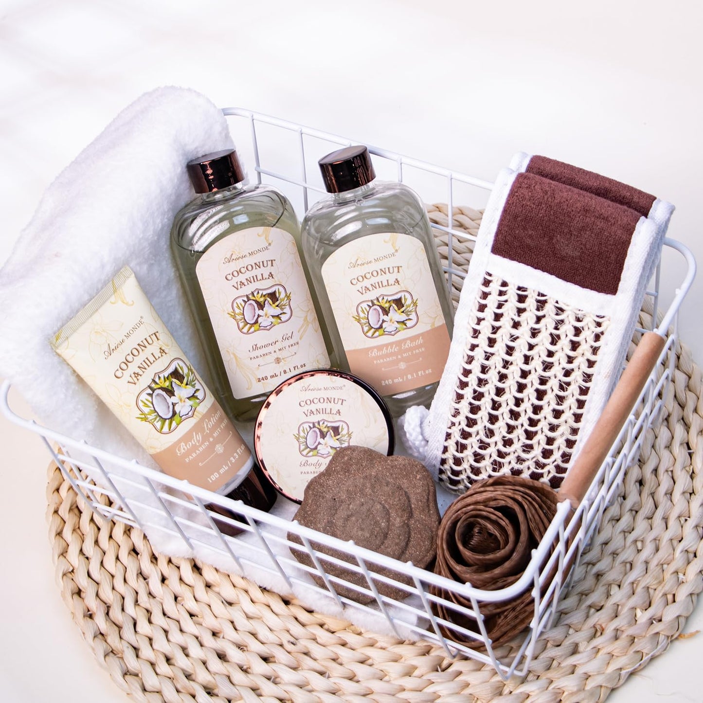 Spa Gift Baskets - Coconut Vanilla Bath Gift Set for Women, Relaxing Spa Kit with Bath Bombs, Body Lotion and Body Scrub, Birthday Gifts for Women, Christmas Spa Gifts for Mom