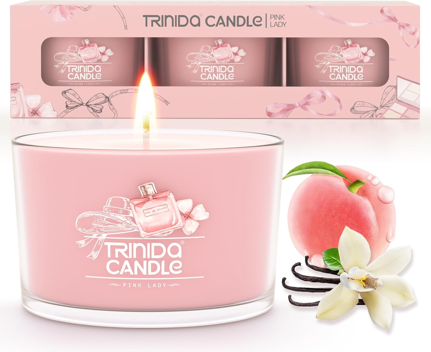 Candles Peach & Jasmine Scented, 3 Pack Candles for Home Scented, Vanilla Candle Set, Luxury Aromatherapy Glass Jar Pink Candle