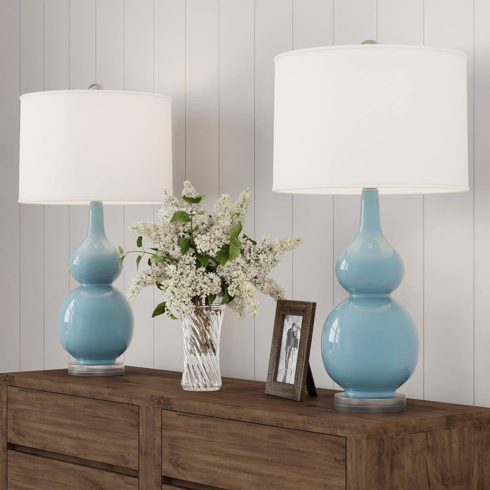 26.25 In. Double Gourd Ceramic Spa Blue LED Table Lamps with Ivory Shades (Set of 2)