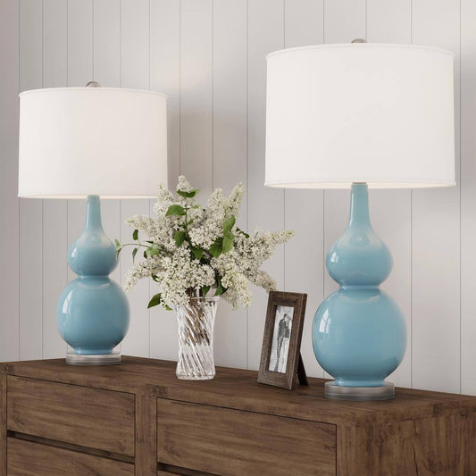 26.25 In. Double Gourd Ceramic Spa Blue LED Table Lamps with Ivory Shades (Set of 2)