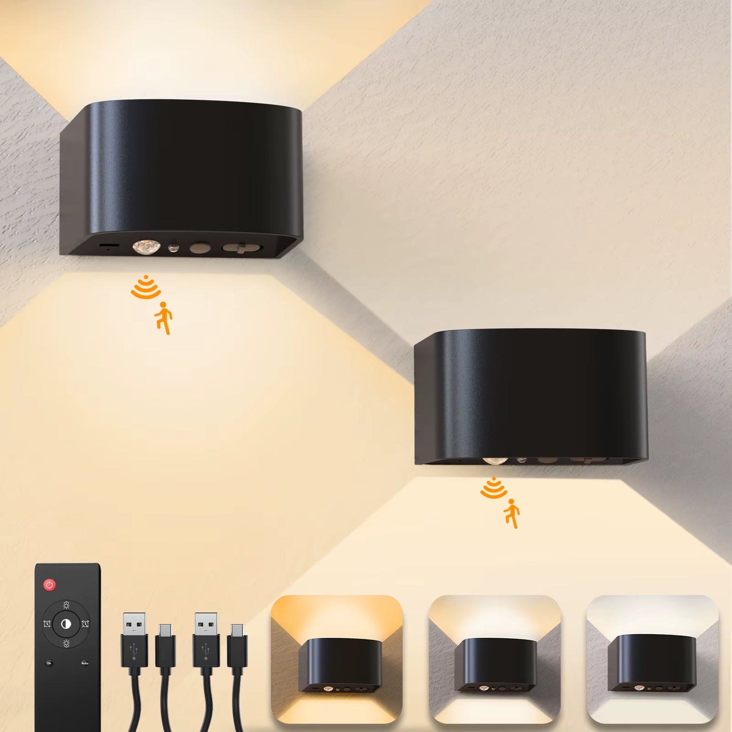 Indoor Wall Lamps with Motion Sensors, Remote Control, 3 Colors, LED Wall Lamps, 3 Modes, Wall Lamps Powered by Rechargeable Bat