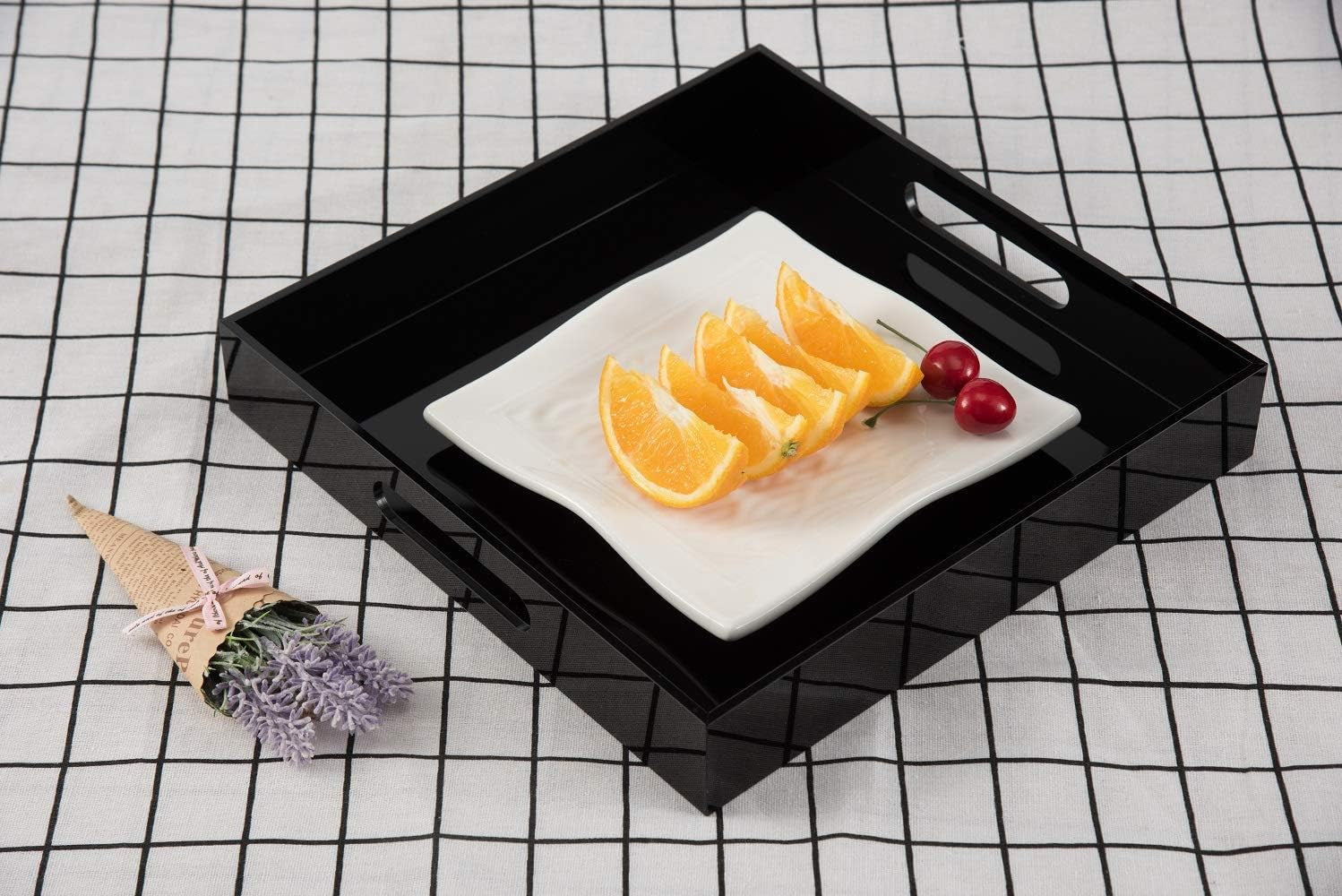 Glossy Black Sturdy Acrylic Serving Tray with Handles - 12X12 Inch Multipurpose Tray for Coffee, Appetizers, Breakfast, and More