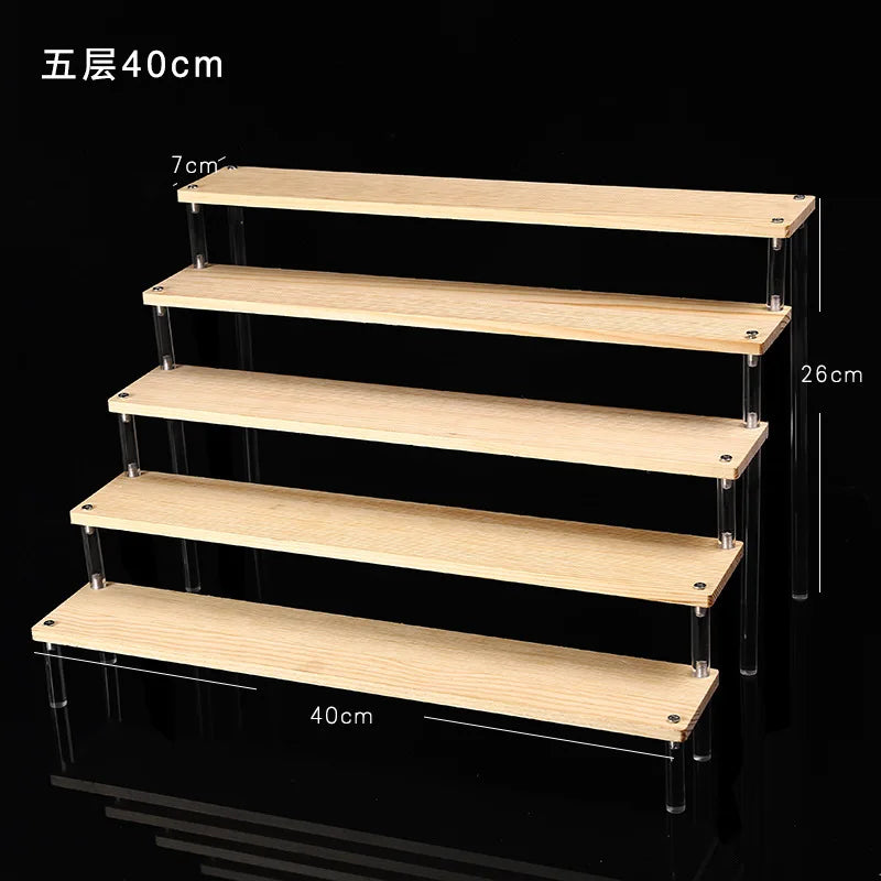 Solid Wooden Ladder Display Rack with Acrylic Pillars, Blind Box, Toy, Perfume, Jewelry Display Stand, Storage Shelf, 1-5 Tiers