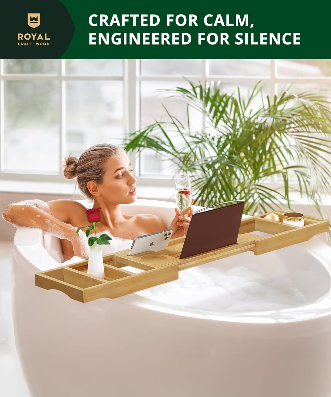 Premium Foldable Bathtub Tray Caddy - Wood Bath Tray for Tub, Bamboo Shelf, Expandable Bath Table Trays, Bathtub & Bathroom Accessories for New Home & Mothers, Birthday Gifts for Mom