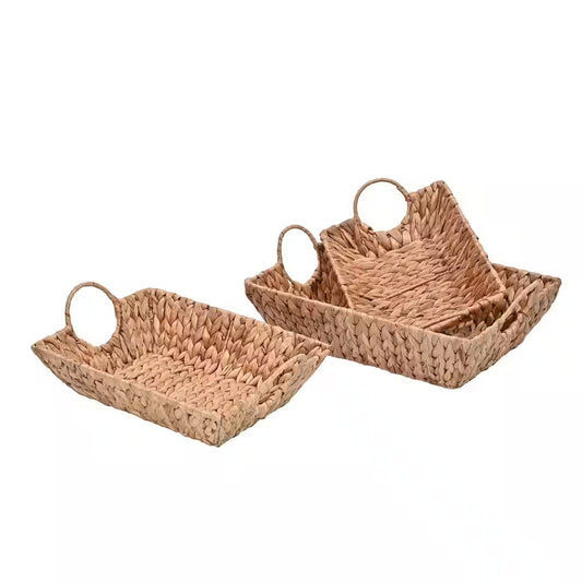 Rowan Bohemian Cottage Handwoven Hyacinth Brown Rectangular Decorative Basket Trays with Handles (Set of 3)