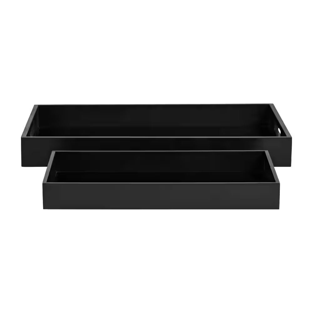 Black Rectangular Wood/Glass 14/18 In. Decorative Tray Set (Set of 2)