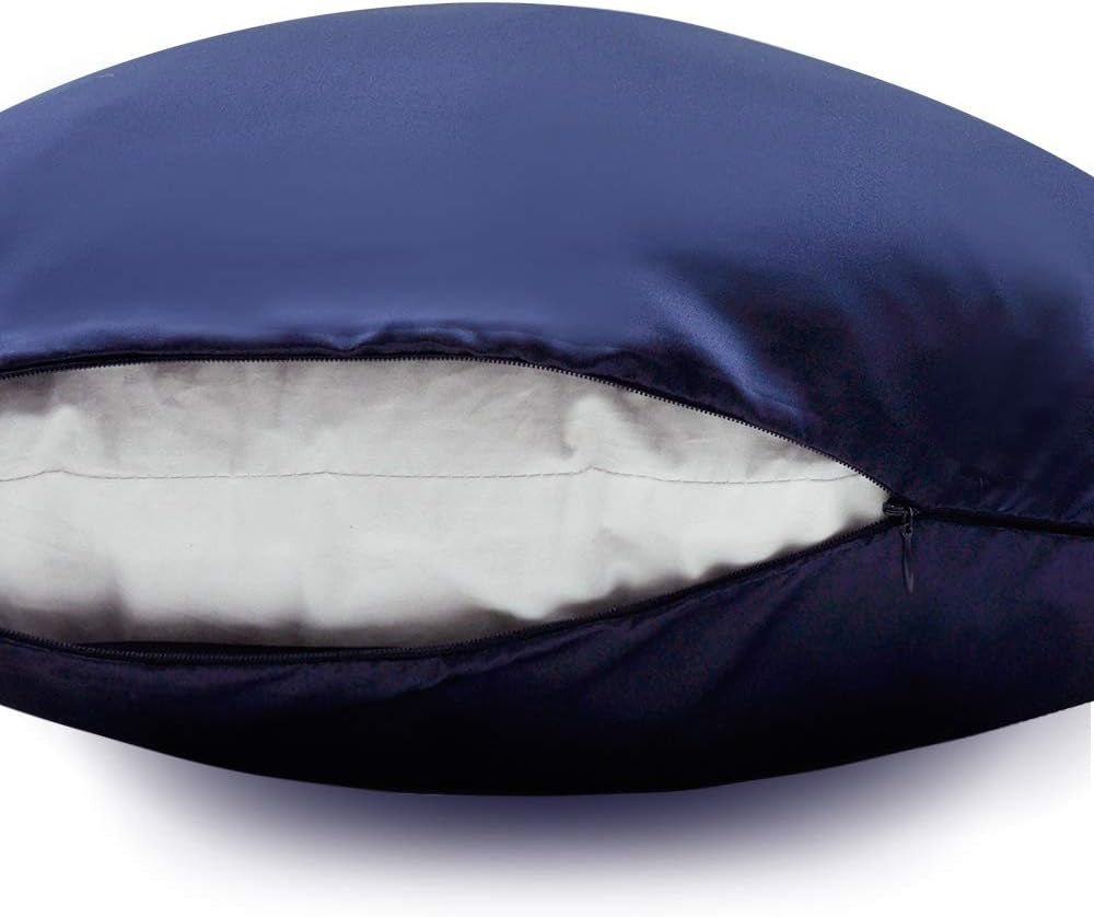 Silky Satin Pillow Cases Set of 2, Soft Satin Pillowcases for Hair and Skin, Satin Pillow Covers with Zipper Closure, Standard Size 20X26 Inches, Navy