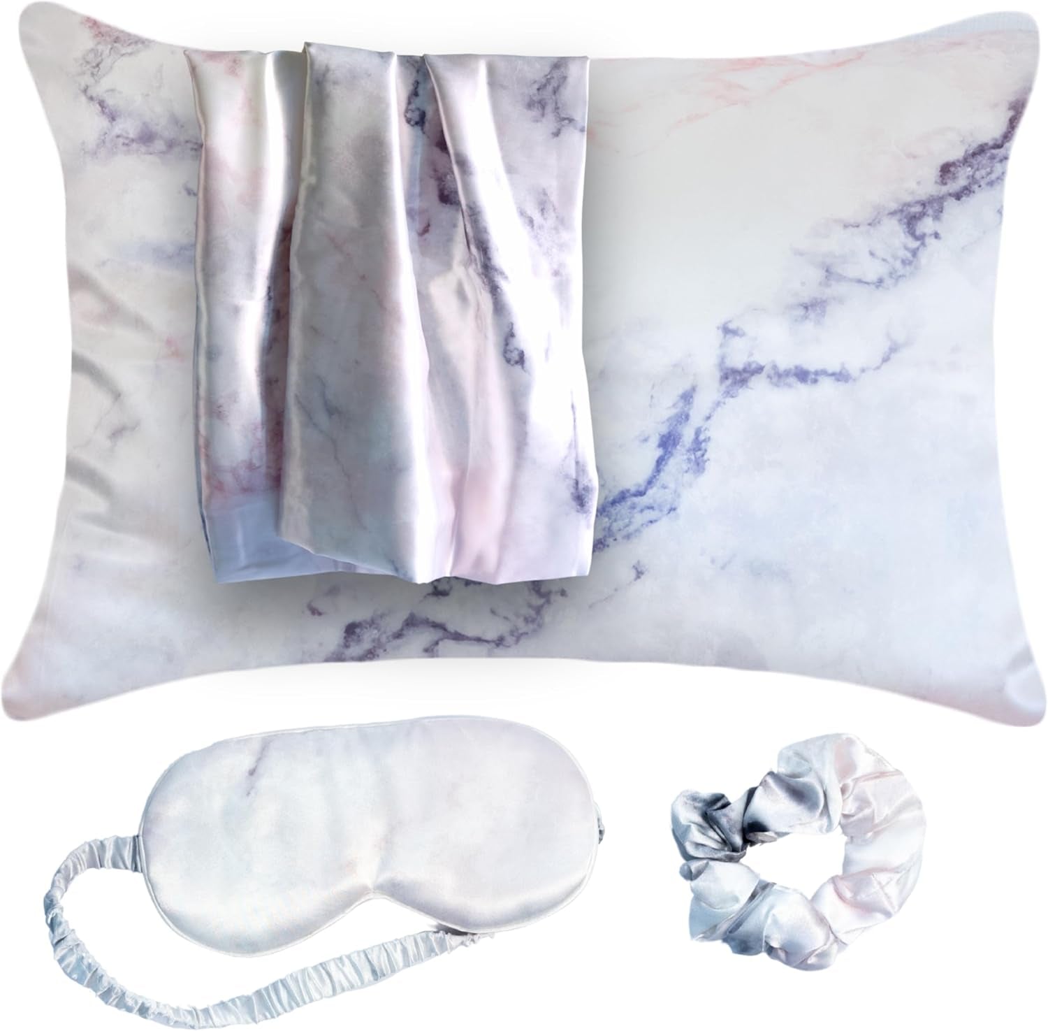 Satin Pillowcase Gift Set for Women – Grey Ivory, Silky Soft, Reduces Frizz | Includes Satin Eye Mask & Scrunchie | for Curly Hair, Sensitive Skin | Gift for Mom, Daughter, Girlfriend