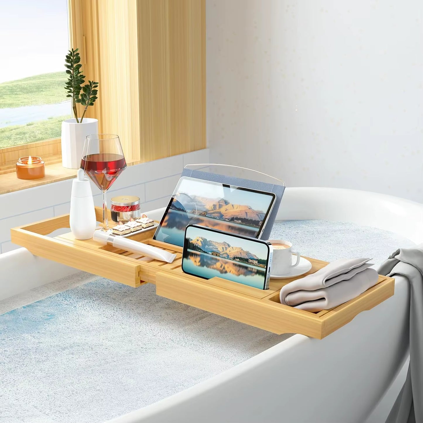 Expandable Bamboo Bathtub Tray with Book, Tablet, Wine Holder - Luxury Wooden Caddy Gift Idea