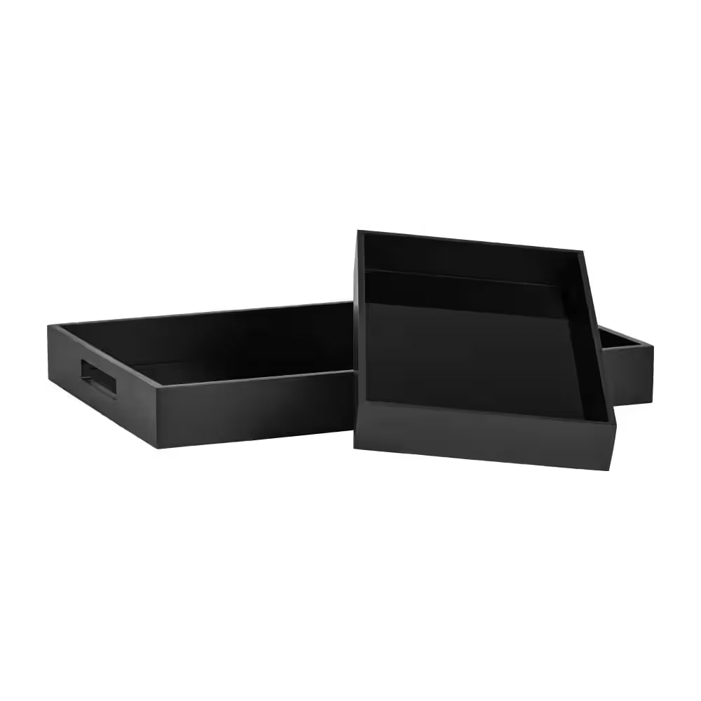 Black Rectangular Wood/Glass 14/18 In. Decorative Tray Set (Set of 2)