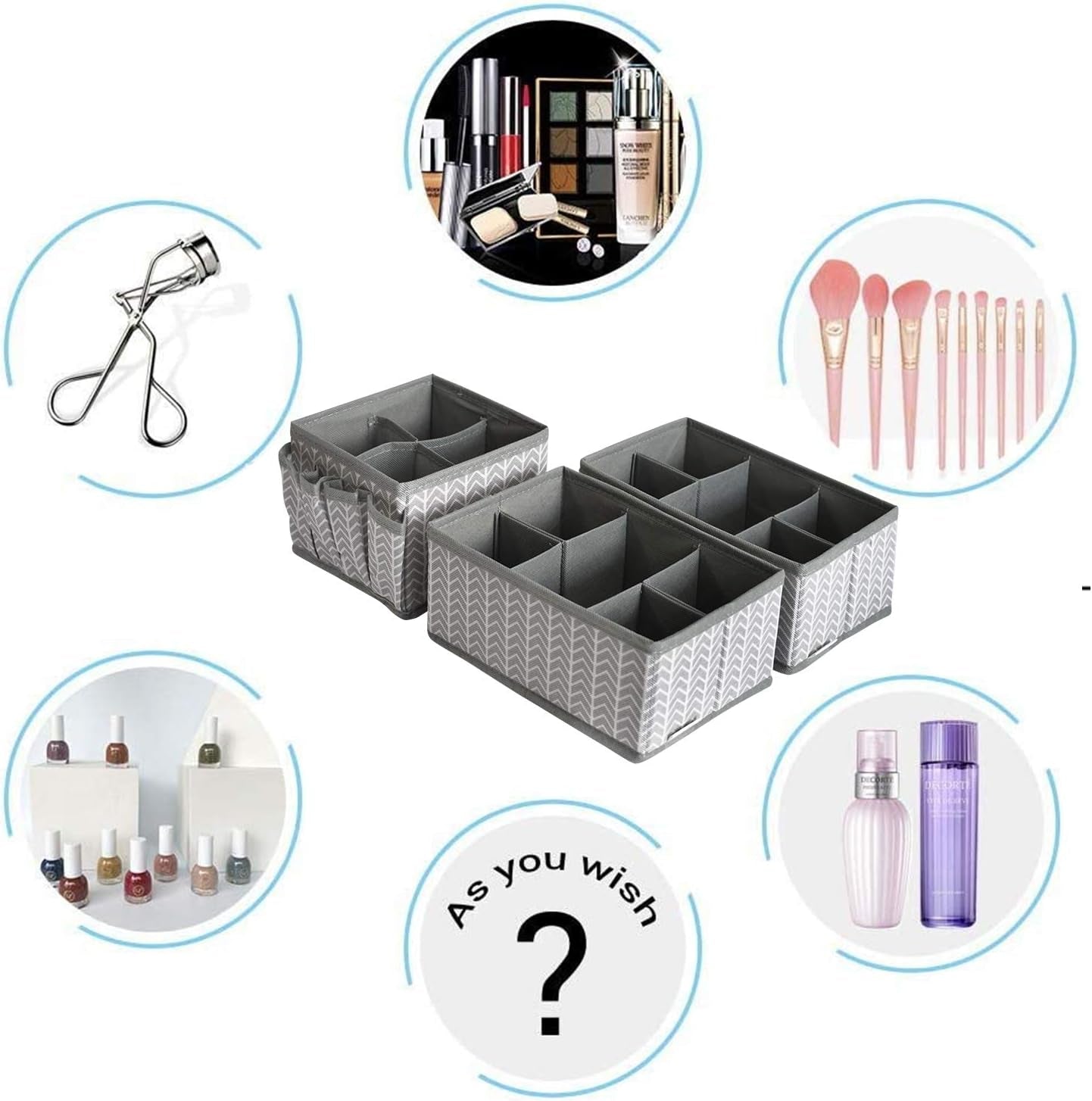Cosmetic Storage Bins Makeup Organizer, Adjustable Multifunction Storage Box Desk Drawer Divider for Makeup Brushes, Bathroom Countertop or Dresser, Set of 3 (Grey)