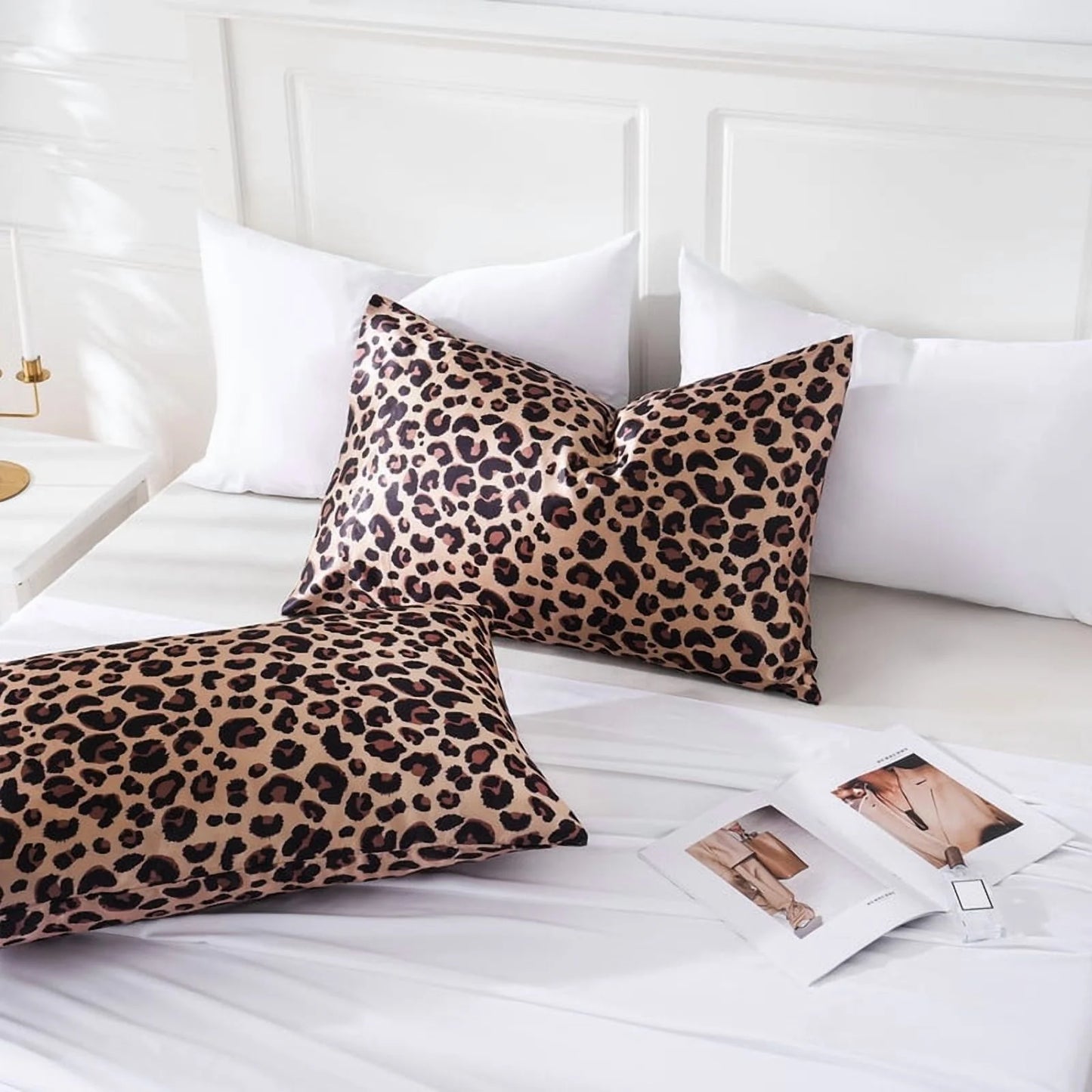 Satin Pillow Case, 2 Pack Satin Queen Silky Pillowcase for Hair and Skin, Satin Pillowcase Set of 2, 20X30, Brown Leopard