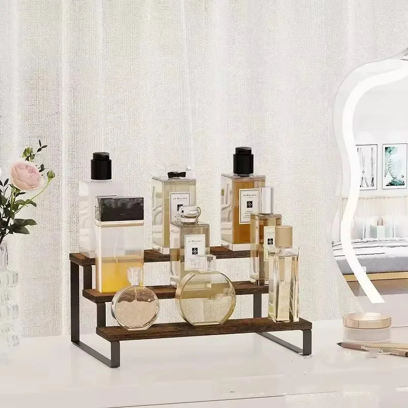 3 Tier Wooden Display Riser Cupcake Stand Perfume Makeup Mini Figure Holder Kitchen Countertop Spice Rack Organizer Shelf