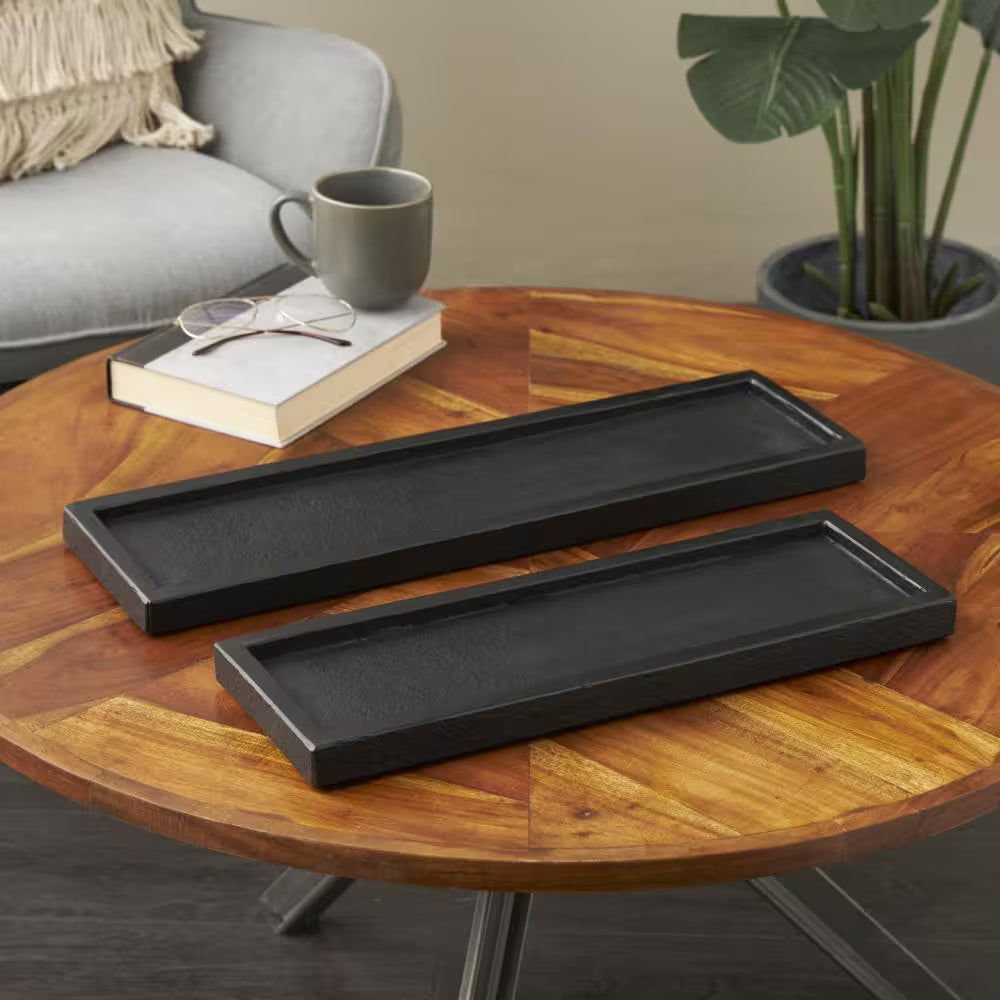 Black Marble Minimalistic Slim Textured Decorative Tray (Set of 2)