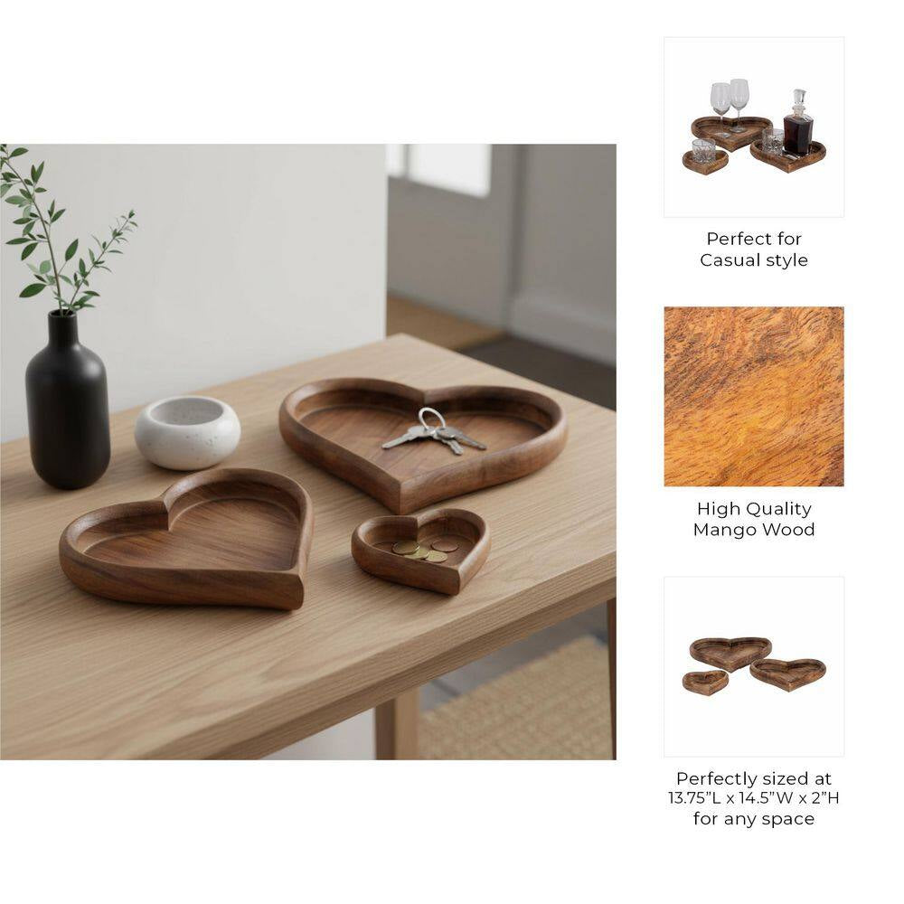 Dark Brown 7/11/14 In. Wood Heart-Shaped Decorative Trays (Set of 3)