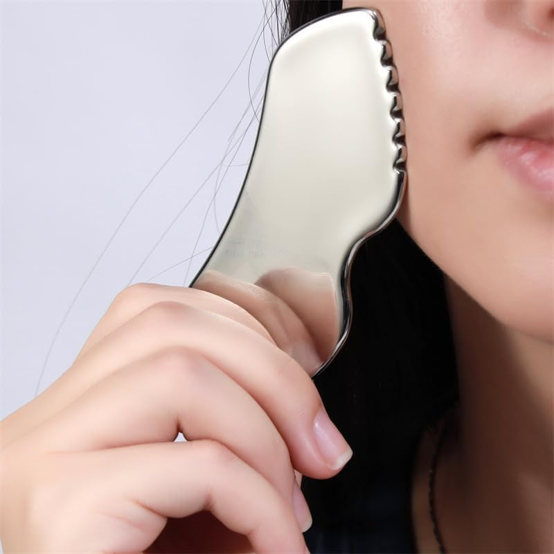 Stainless Steel Gua Sha Facial Tools, Metal Guasha Tool for Face and Body, Gua Shua Scraper for Face Massager Lymphatic Drainage, Facial Sculpting Tool with Travel Pouch, 4X1.6In, Silver