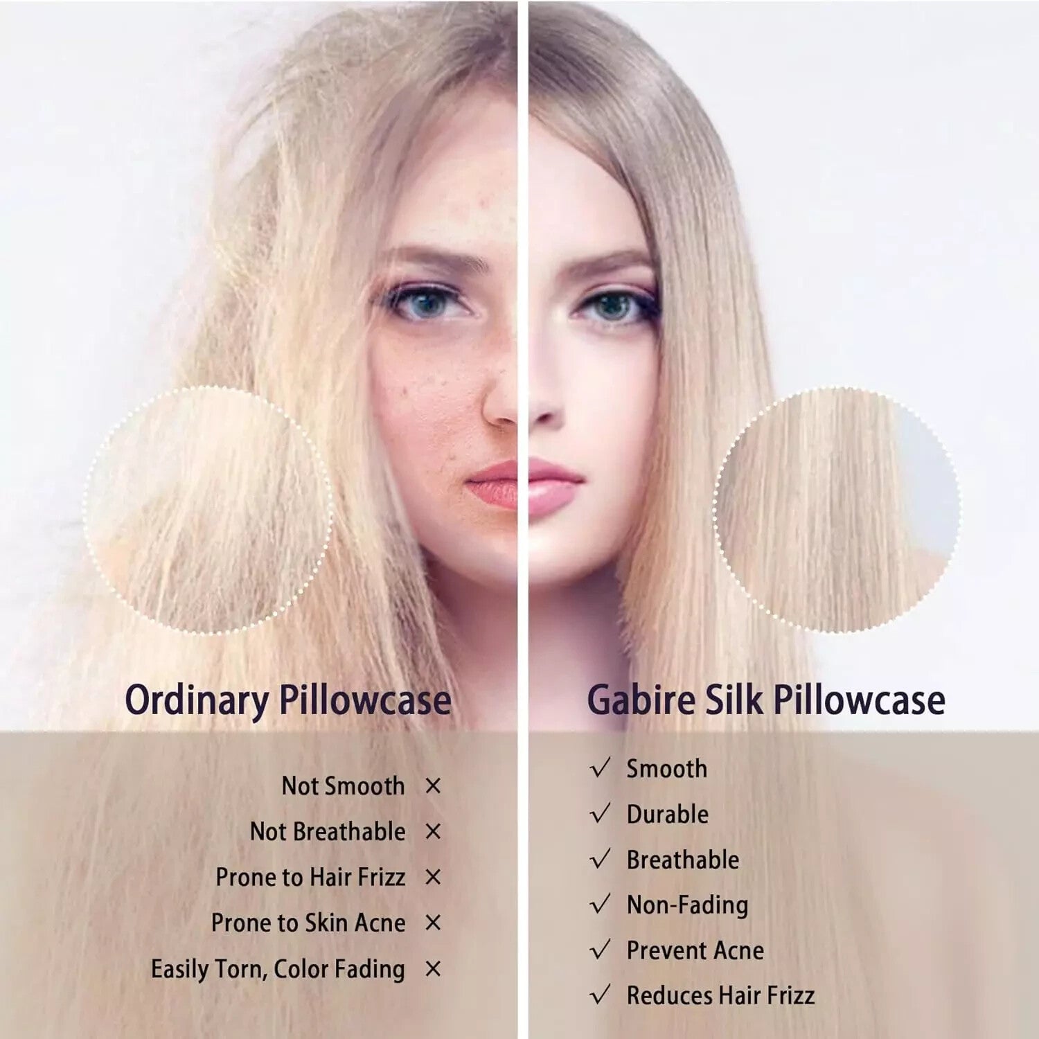 Organic Silk Pillowcase: Prevents Acne, Hidden Zipper, Grey - Standard Size (20"