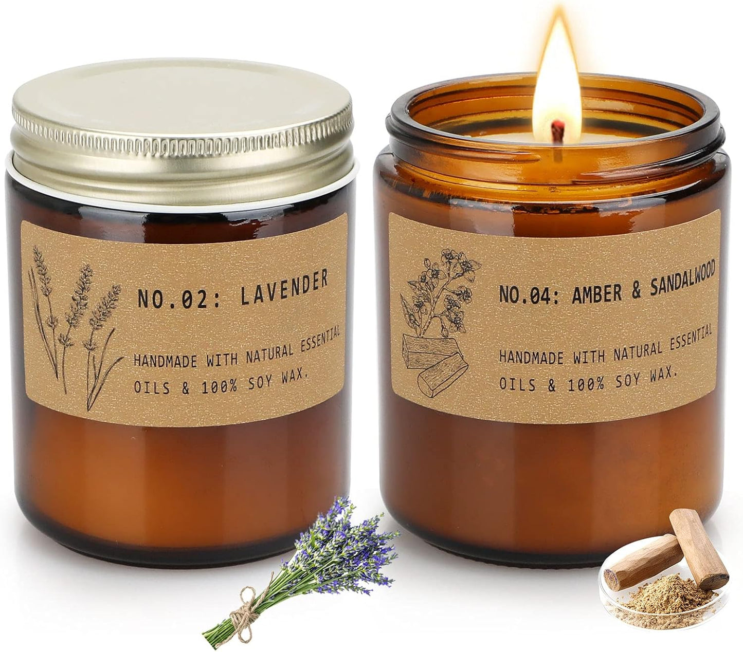 Scented Candle Gifts for Women, Home Scented Candles 7.2 Oz Soy Scented Candle, Lavender, Amber Sandalwood Strong Scented Jar Candle with Gift Box, Christmas Gifts for Women, 2 Pack