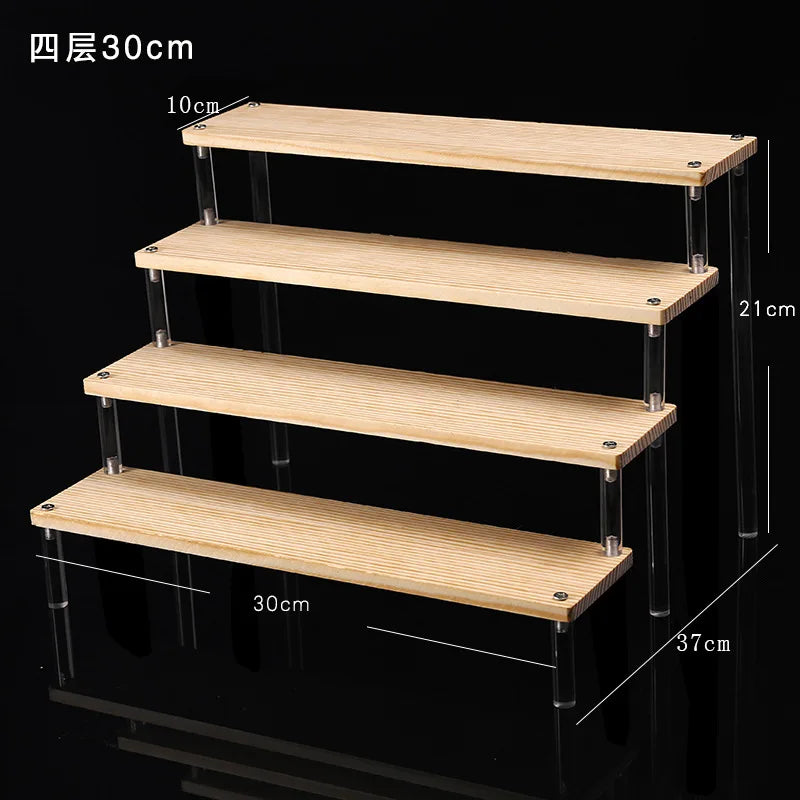 Solid Wooden Ladder Display Rack with Acrylic Pillars, Blind Box, Toy, Perfume, Jewelry Display Stand, Storage Shelf, 1-5 Tiers