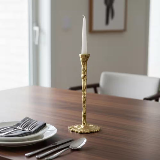15 In. Gold Metal Aluminum Forged Taper Candle Holder with Textured Decorative Base