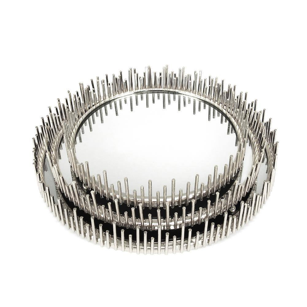 Sunburst 10 In. Silver round Metal Mirror Decorative Tray