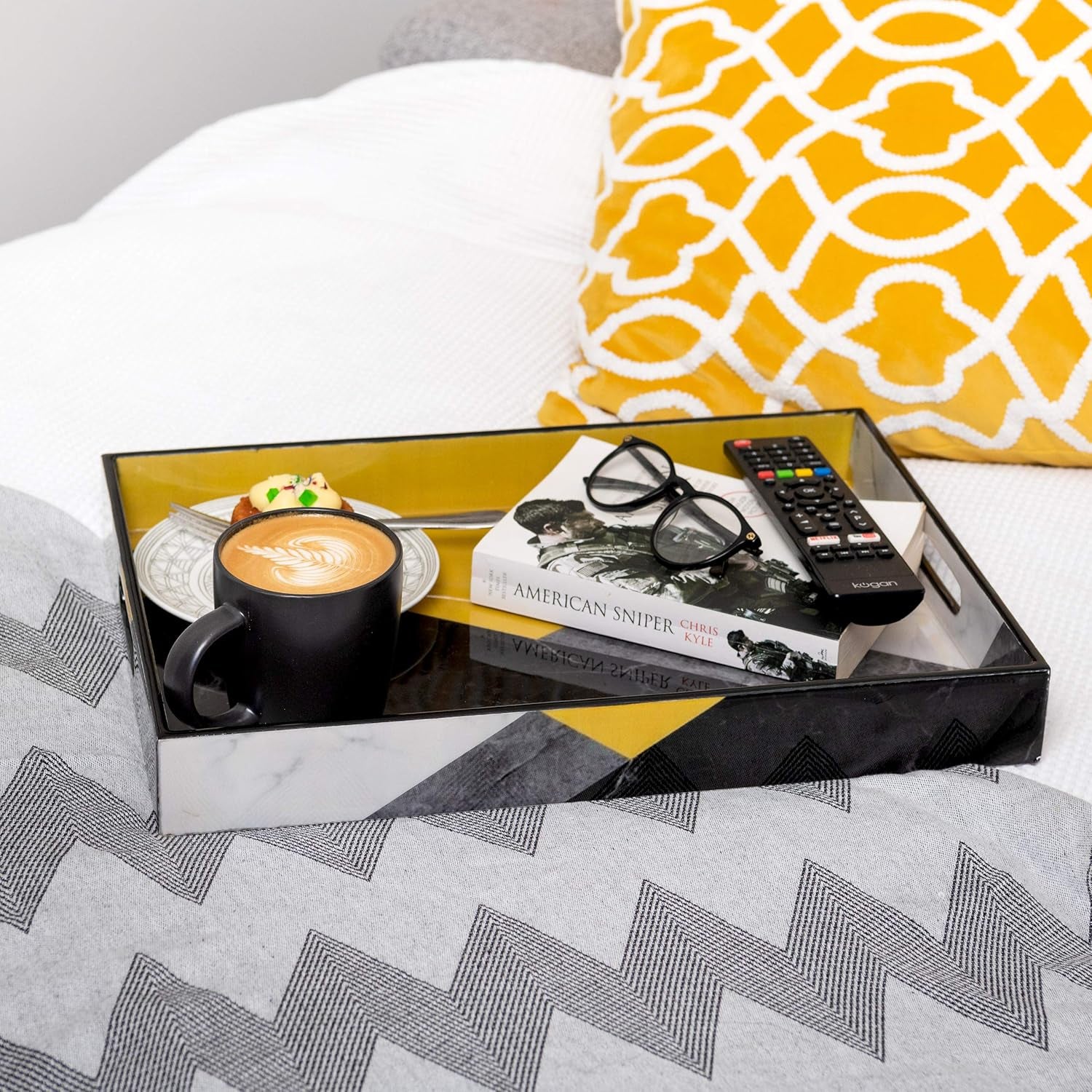 Large Decorative Serving Tray for Coffee Table, Yellow Serving Tray, Ottoman Tray Home Decor, Wooden Trays with Handles, Coffee Table Tray, Wood Tray for Coffee Table. Ideal for Home & Entertaining.