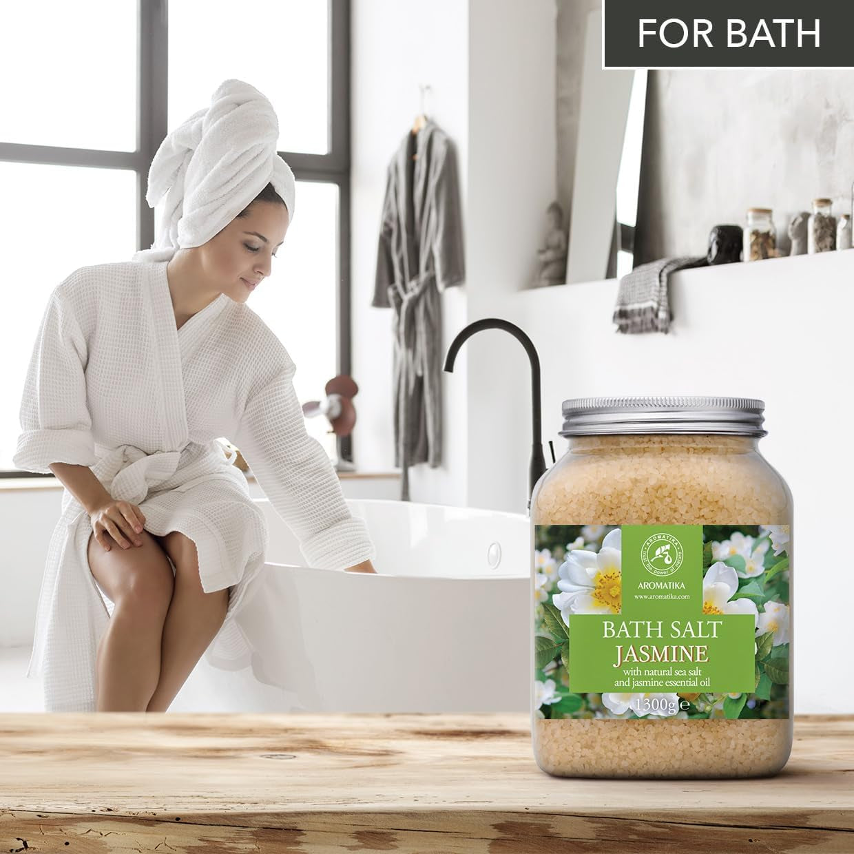 Bath Sea Salt Jasmine 46 Oz (1300G) - Bath Salts with Jasmine Essential Oil for Bath Soak - Relaxing Bath - Beauty - Body Care - Relaxation - Good Sleep - Aromatherapy Bath Salts - Flower Bath Salt